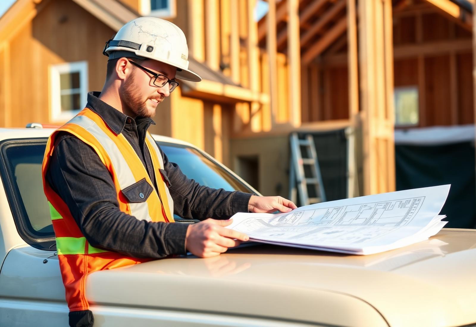 Builder reviewing site plans on a residential development site